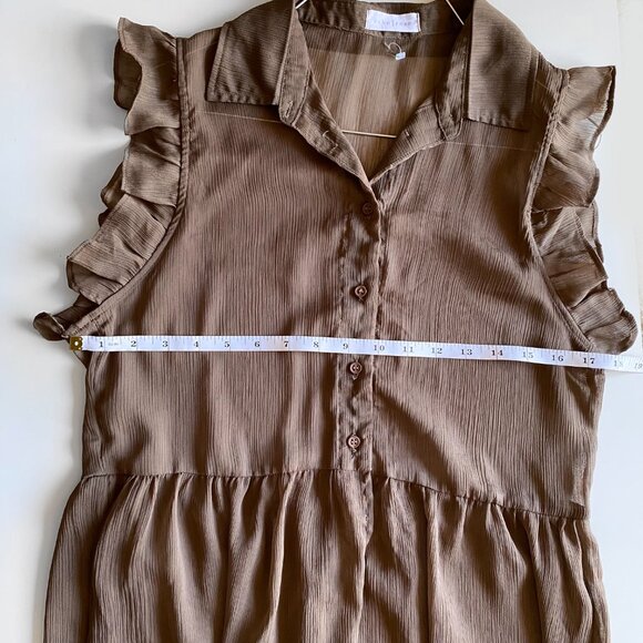 Echo Rose Brown Sheer Button Down Ruffle Sleeve Long Tunic Dress Cover-Up Size S - Picture 2 of 7